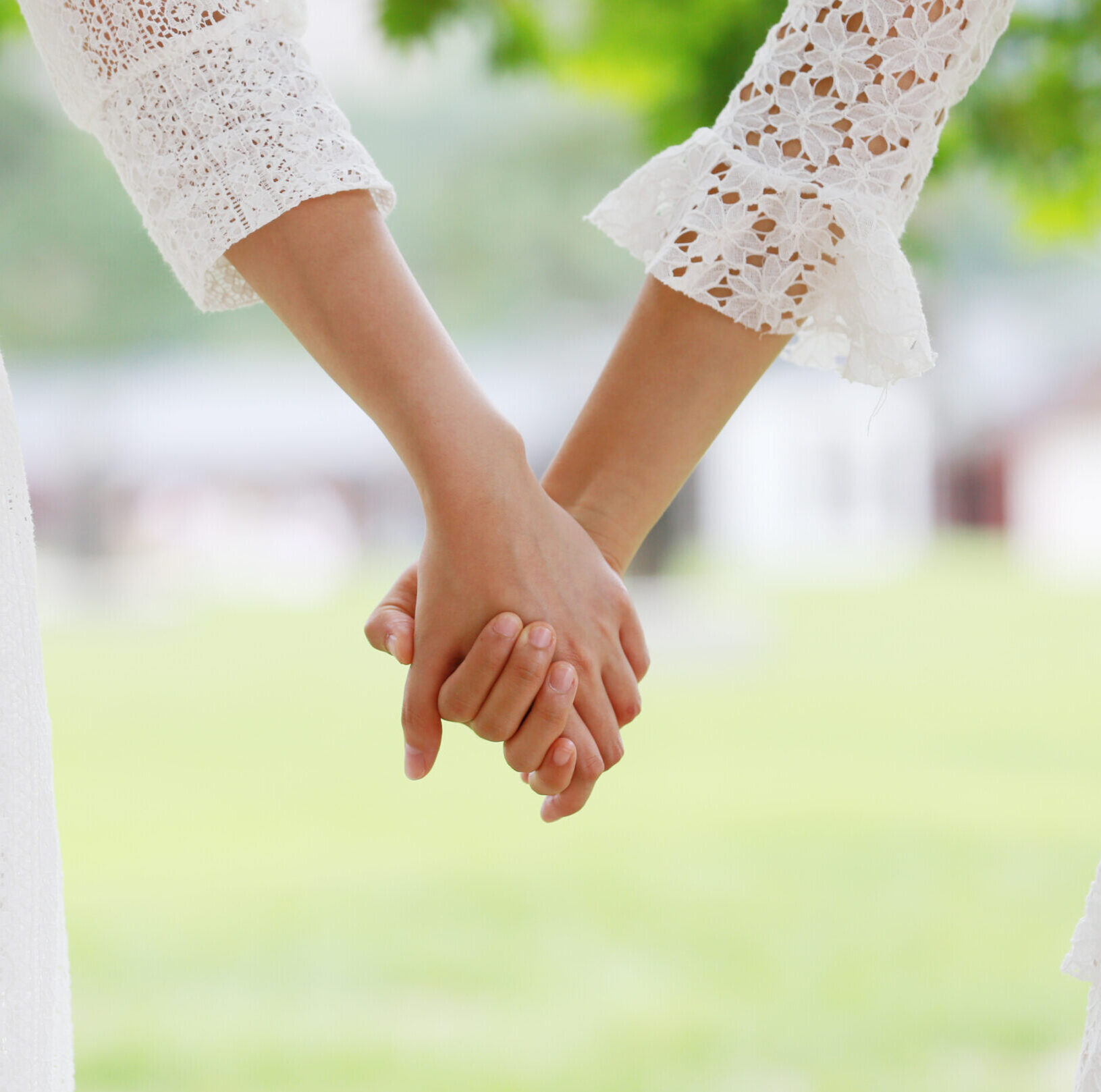 Two women in wedding dresses holding hands